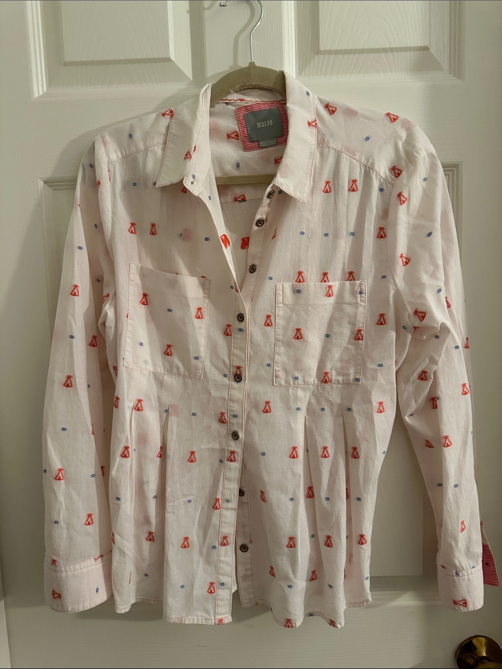 White Button-Up Shirt with Red & Blue Print